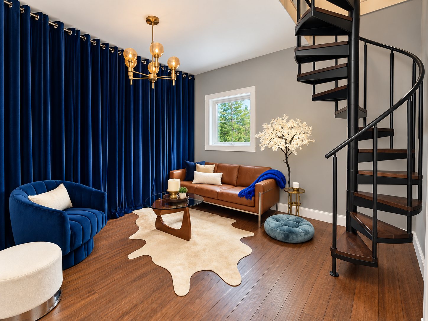 Client lounge with blue seating and spiral staircase