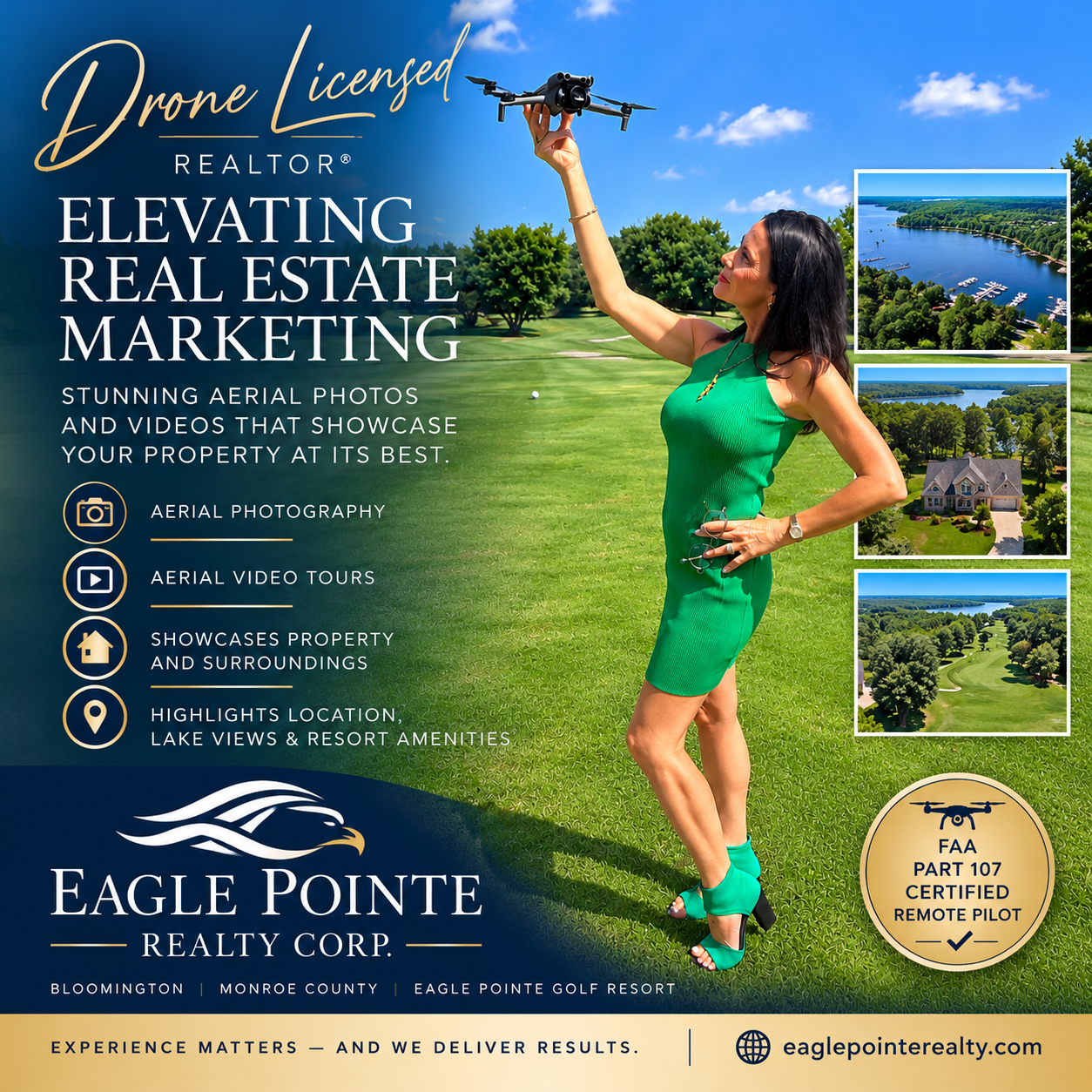 Eagle Pointe Realty drone marketing featuring Susan Slaven and FAA Part 107 remote pilot certification