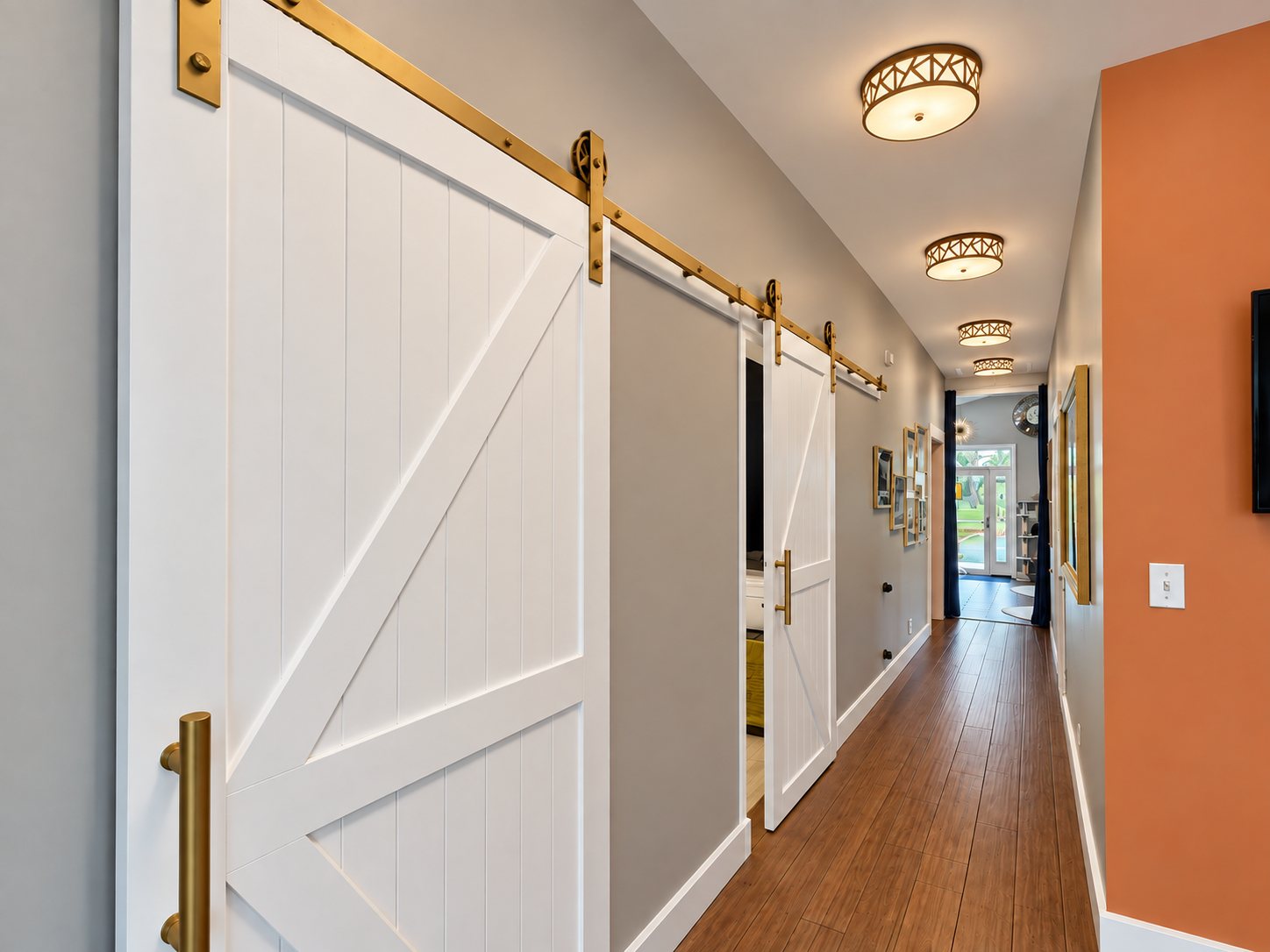 Hallway with white sliding doors