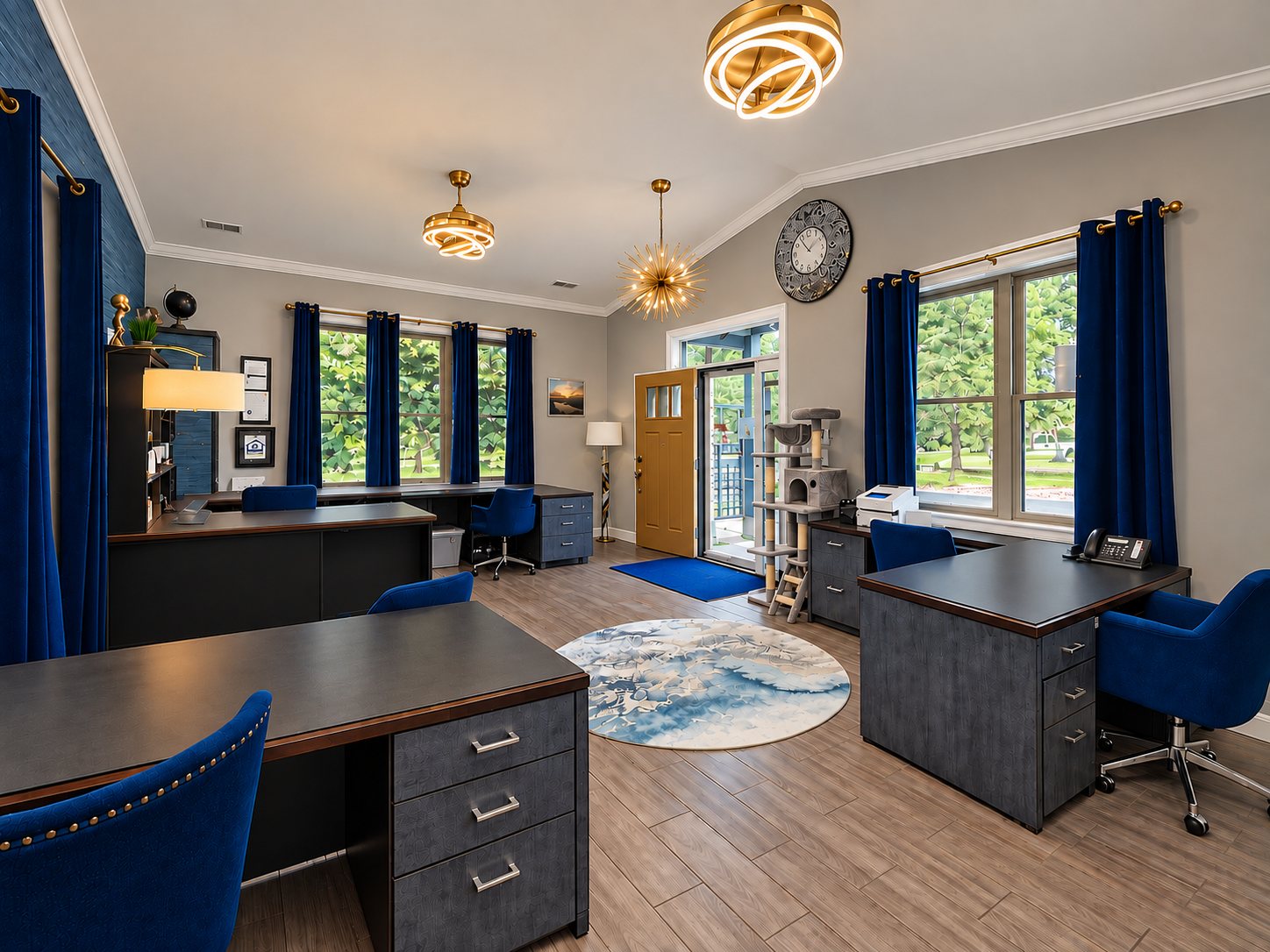 Modern office with navy seating and individual workspaces